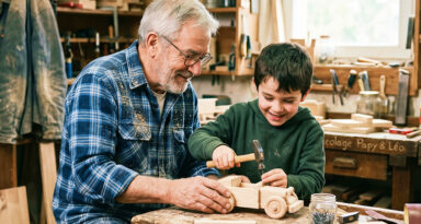 grand père et petit fils construisant une voiture en bois