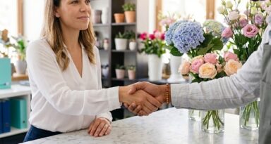 poignée de main de deux personnes chez un fleuriste