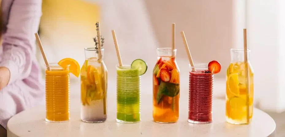 Plusieurs jus détox déposés sur une table.